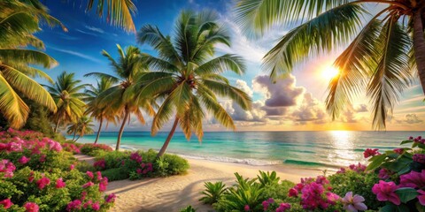 Fototapeta premium Tropical Paradise A Golden Sunset Illuminates the Azure Waters, Lush Palm Trees Frame the Pristine Beach, and Vibrant Pink Flowers Bloom in the Foliage