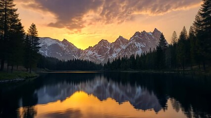 Picturesque alpine lake reflecting a stunning sunset between mountain peaks
