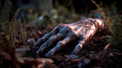 Fototapeta premium A decaying hand emerges from the dark earth, a chilling scene of mystery and suspense.