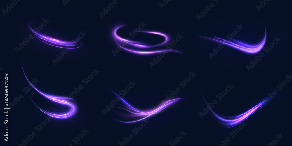Poster Set of glowing purple energy trails with curved motion and swirl effects on dark background. Ideal for magic strikes, UI combat elements, or fantasy motion visuals in games.

