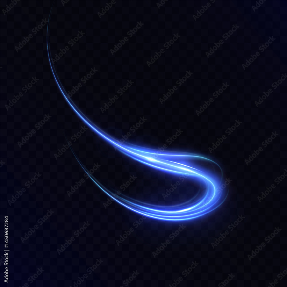 Poster glowing blue swirl trail with dynamic curved motion and energy flare on dark transparent background.