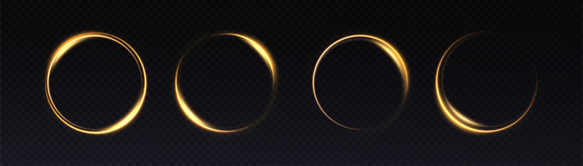Set of glowing golden rings with glossy light arcs and smooth reflections on dark background. Includes circular highlights for UI design, visual frames, and digital interfaces.

