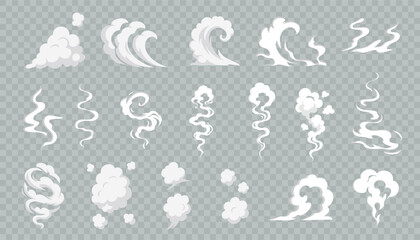 Vector set of white smoke and steam shapes with curved and rising motion. Includes puffs, swirls, and vapor elements for visual effects and design interfaces.

