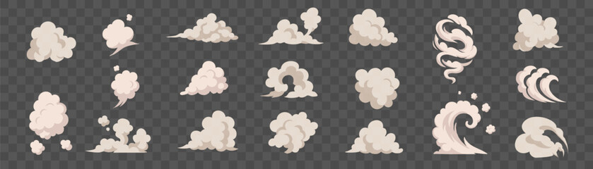 Vector set of beige dust clouds and smoke shapes with soft contours. Set of curved shapes and smoke puffs for visual effects and interface graphics. © Valeriia
