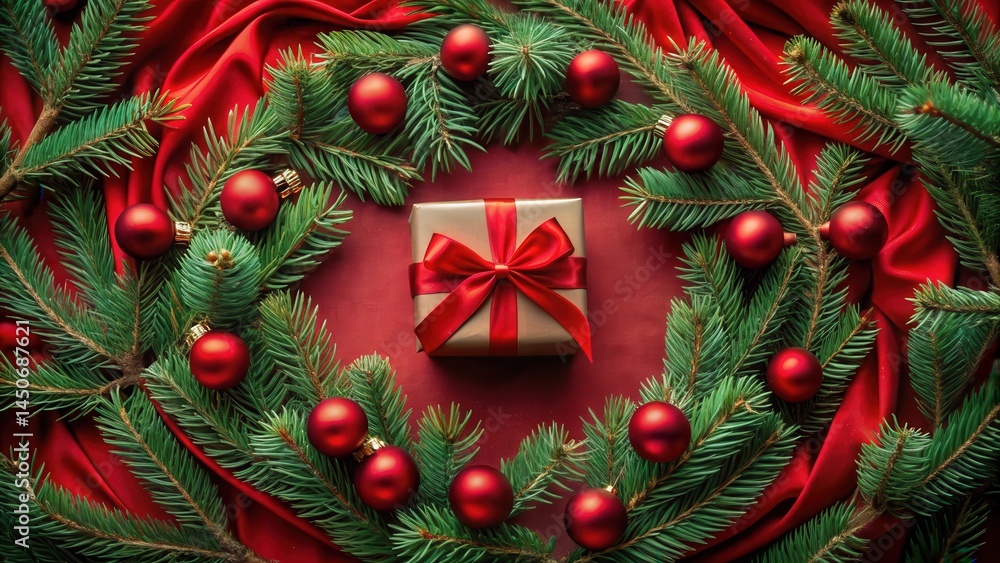 Poster a single gold gift box tied with a bold red bow nestled within a festive ring of evergreen branches 