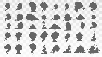 Vector set of smoke silhouettes in various shapes including columns, swirls, and puffs. 
