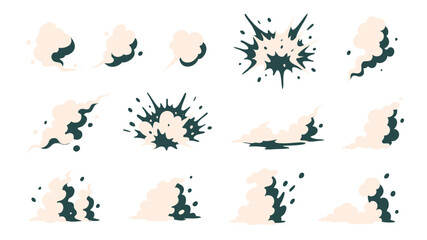 Vector set of smoke and explosion elements in simplified graphic style. Includes puffs, blasts, trails, and clouds for visual effects and interface design.

