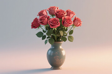 Obraz premium Roses in vase 3d realistic art illustration romantic.