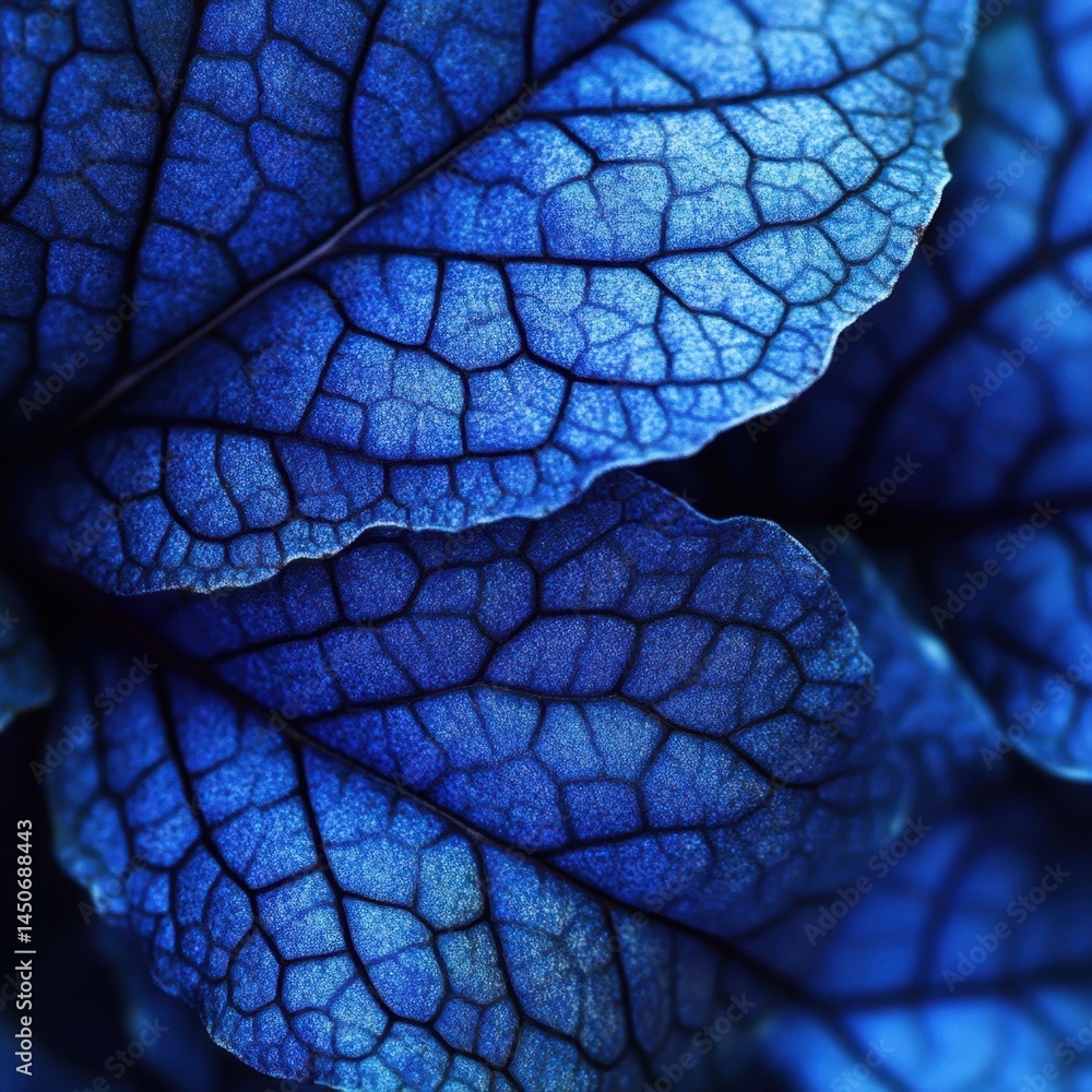 Poster captivating close up of vibrant blue leaves showcasing intricate vein patterns and textures in a bot