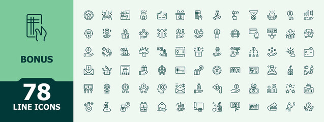 Bonus icon set in linear style. Gift icon pack. Minimalist icons set. Contains such symbols as benefit, present, win, prize, award, gift and more. Vector illustration in line style.