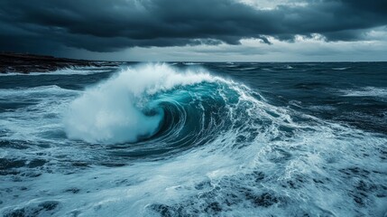 Powerful Ocean Wave Crashing Under Dark Stormy Sky