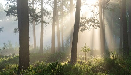 Sunbeams Illuminate Misty Forest Scene at Dawn Magical Sunlight through Trees Peaceful Nature