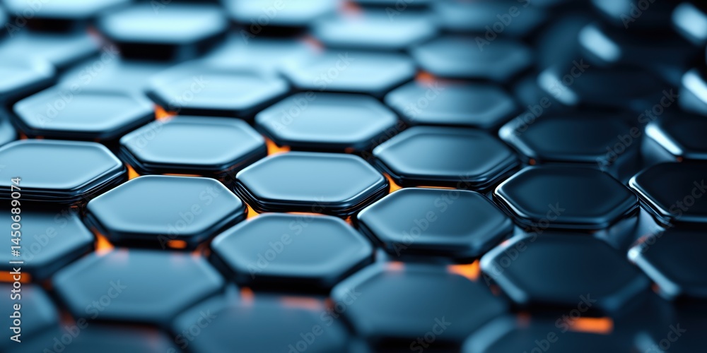 Poster black hexagonal tiles with glowing orange accents forming a modern pattern on a surface in a stylish