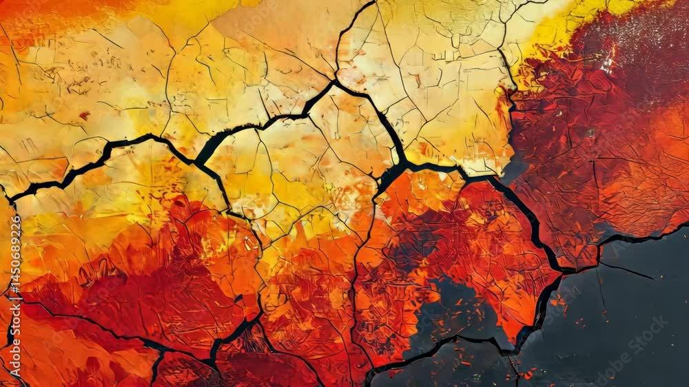 Poster abstract cracking paint reveals dynamic transition from red to yellow textured surface