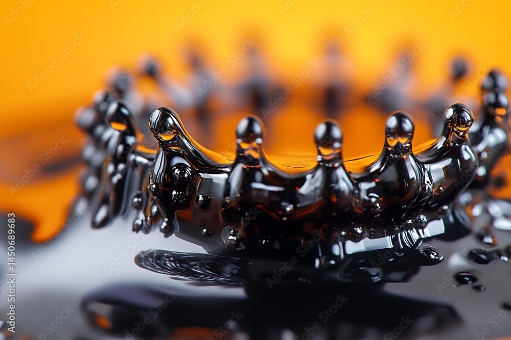 Poster close up of a ferrofluid crown formation with an orange background in a studio setting shot macro