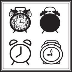 
Vintage and Modern Alarm Clock Vector Set – Black and White Timepiece Icons for Schedule, Wake-Up, and Time Concepts
