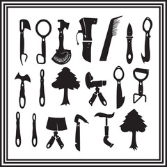 Camping and Survival Tools Silhouette Icons &ndash; 20 Vector Symbols Including Knives, Axes, Shovels, Trees, and Gear Elements