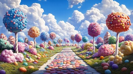 Colorful Candy Landscape with Whimsical Trees and Path