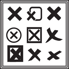 Fototapeta premium Black “X” or Cross Mark Icons – 9 Unique Vector Symbols for Cancel, Close, Error, Wrong Answer, UI Buttons and Forms
