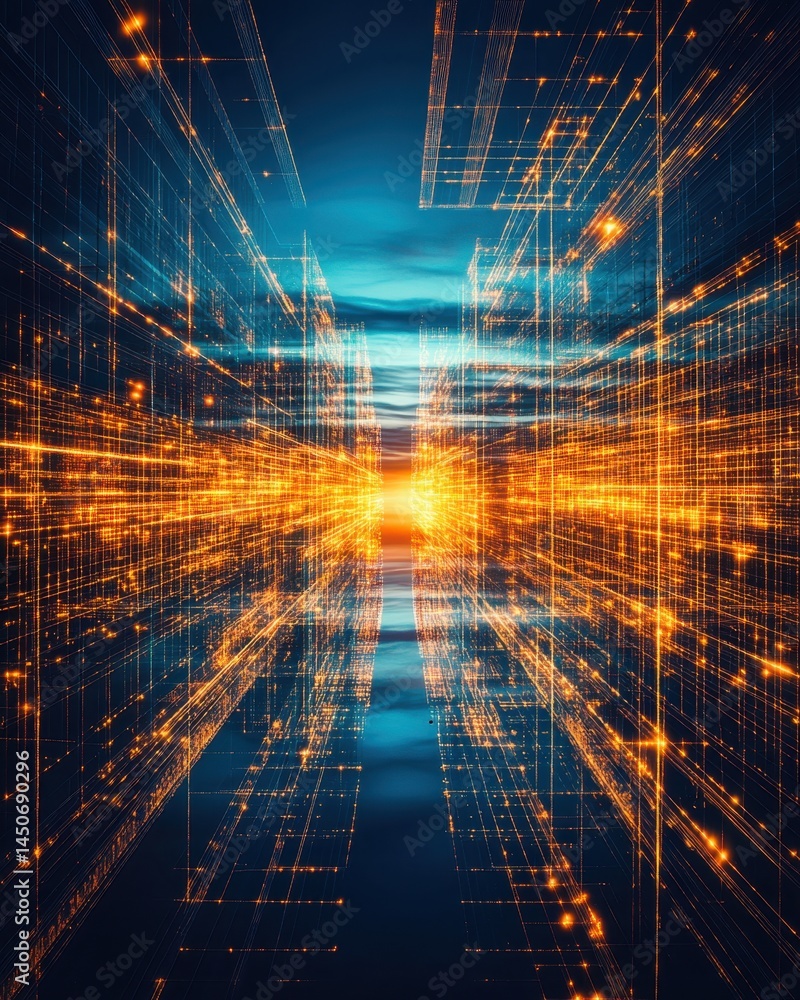 Poster abstract digital network background with glowing lines and nodes creating a futuristic cityscape per