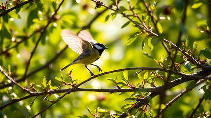 Obraz premium Great Tit A Great Tit flitting between sunlit branches in a lush European garden