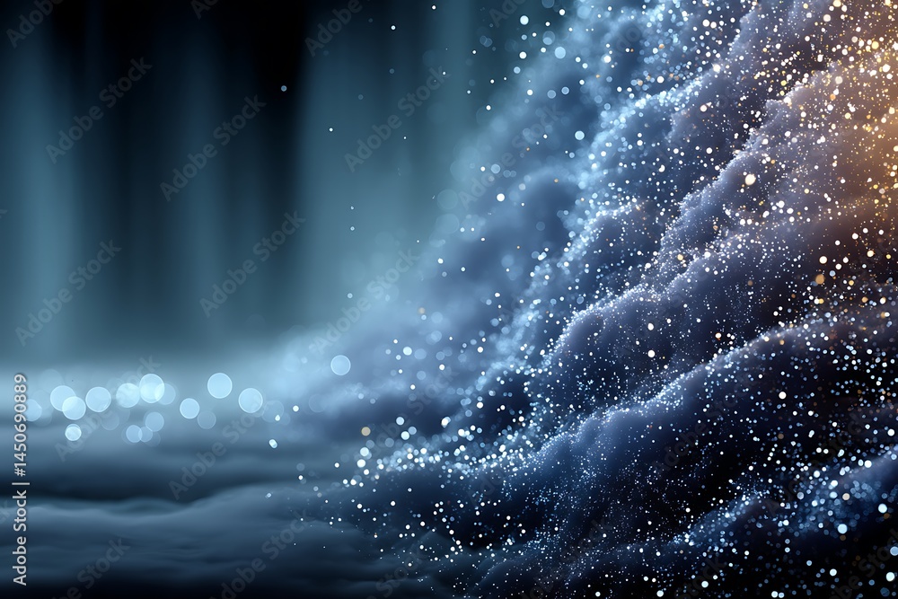 Poster sparkling bokeh particles on moody blue hues of light stream background