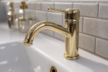 Brass faucet over white ceramic sink in modern bathroom