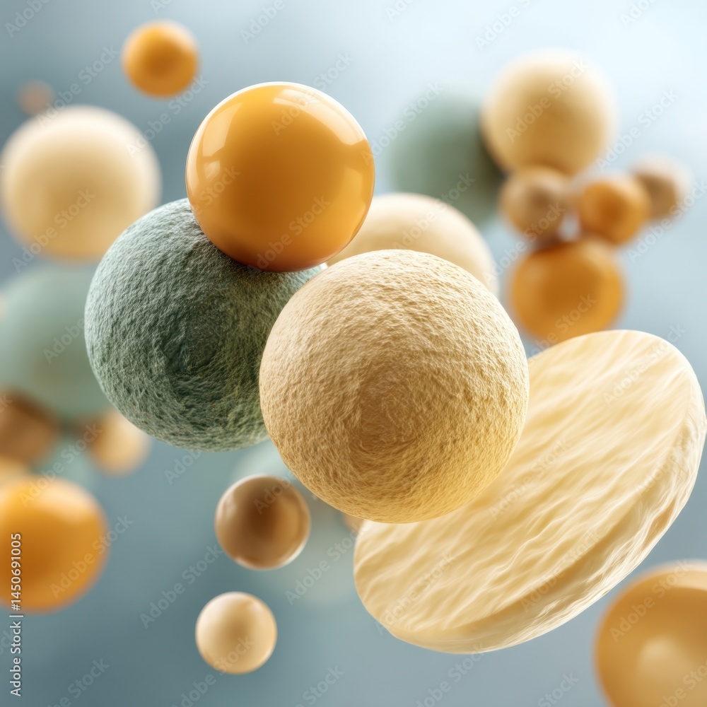 Poster abstract composition of textured spheres in pastel colors floating in a soft light blue background c
