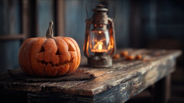 Spooky season vibes with a carved pumpkin and an old lantern on a rustic wooden table. Halloween decoration.
