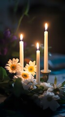 Three burning candles, surrounded by flowers, create a peaceful and warm ambiance