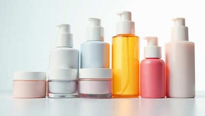 Array of various cosmetic containers on white , shot, jars, white background