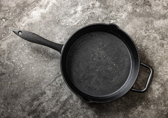 Black Cast Iron Pan on Marble Surface in Minimalist Setting