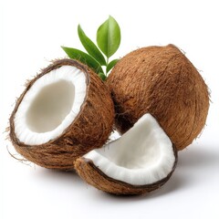Fresh Organic Coconuts Halved Showing White Flesh and Green Leaves on White Background Tropical Fruit