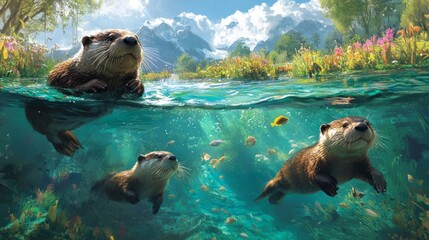 Fototapeta premium Playful Otters Swimming in a Crystal Clear River