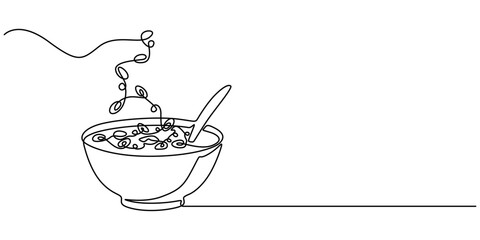 Cereal bowl in one line drawing. Breakfast with milk, healthy food concept, Continuous one line drawing a bowl of cereals. Breakfast concept. Single line draw design vector graphic illustration, Soup.