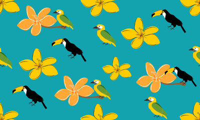 Seamless pattern with toucan, bird and tropical flowers on a blue background. An element for printing, texture,
fabric, and wrapping. Vector illustration