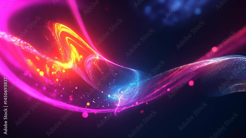 Poster dynamic neon wave patterns with sparkling light effects and movement