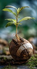A small plant sprouts from an old football, symbolizing growth and renewal.  A close-up captures the delicate seedling emerging from the weathered ball