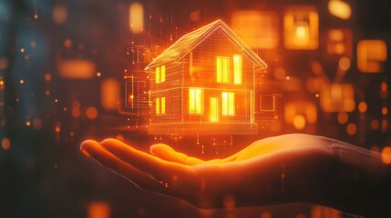 A glowing house in a hand, symbolizing home and protection.