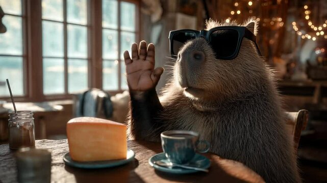 Confident capybara wearing sunglasses relaxes at cozy cafe table, sipping coffee in charming and unexpected moment. Humorous portrayal of capybara adds personality and whimsy to any creative project