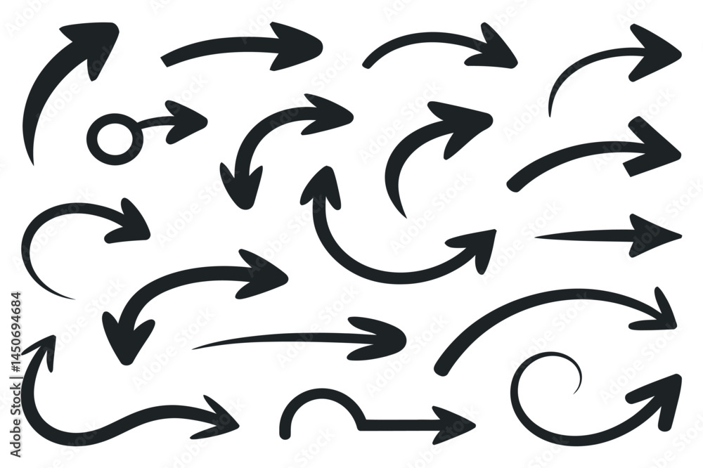 Poster vector set of various curved and straight arrow icons in different directions, perfect for navigatio