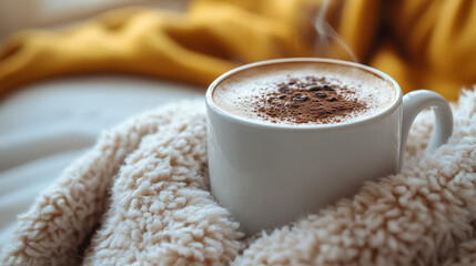 A steaming cup of coffee nestled in a cozy white blanket