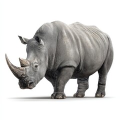 Obraz premium Powerful White Rhinoceros Standing Isolated on White Background Wildlife