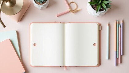 A pink notebook with a white page sits on a table with a pencil and a pen