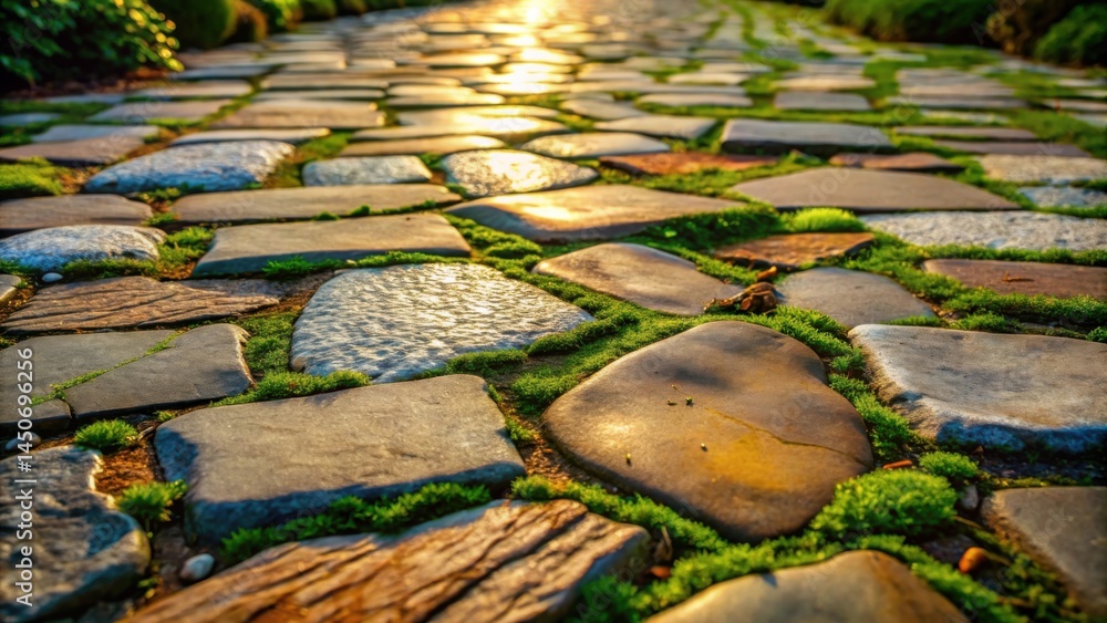 Poster a stone pathway with lush greenery lit by the warm rays of the setting sun