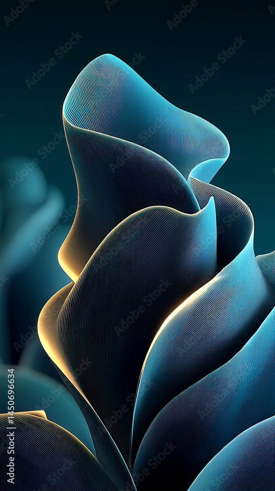 Poster teal curved layers with lines abstract design on dark turquoise smooth background