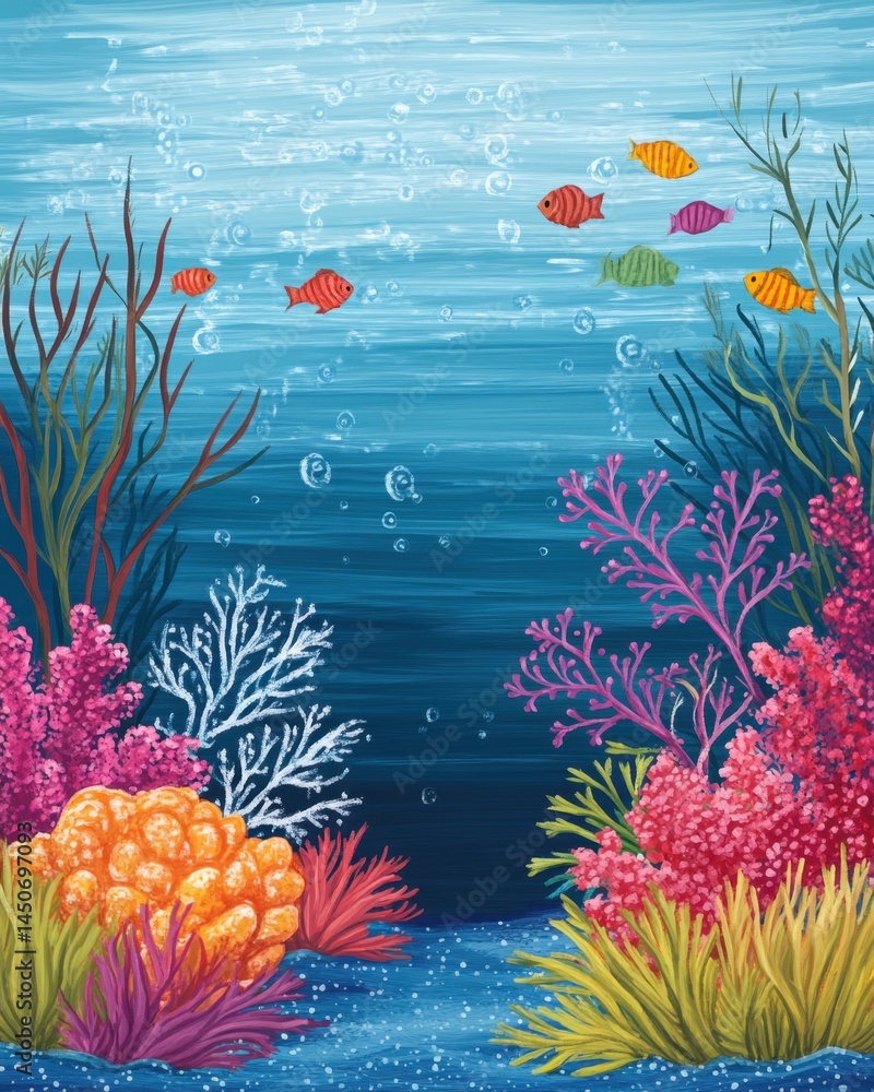 Poster vibrant underwater world illustration with colorful coral reefs and playful fish in a serene ocean e