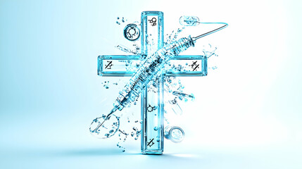 A crystalline cross intersects with a syringe, surrounded by splashing liquid, symbolizing faith and medical intervention