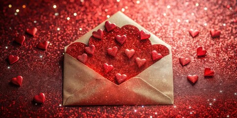A delicate envelope filled with red hearts on a sparkling background, a symbol of love and affection