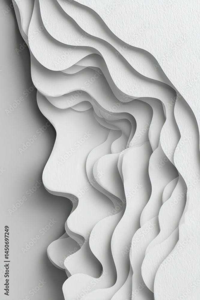 Poster elegant white paper cut layers creating depth and texture with soft shadows and a minimalist aesthet